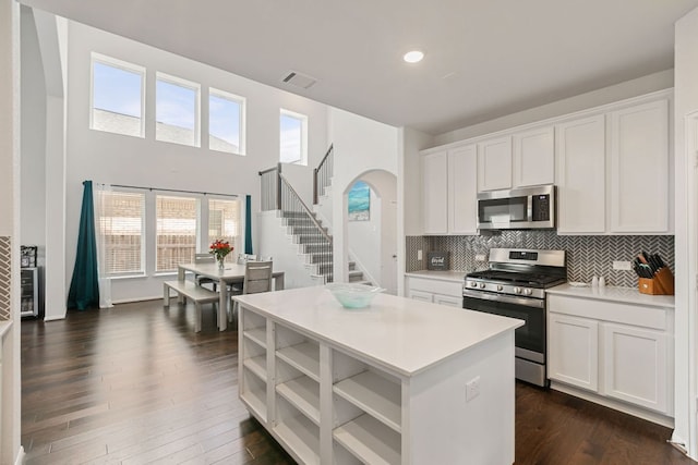 4418 Royal Oak Blvd, San Marcos, TX 78666 - kitchen featuring stainless steel appliances, arched walkways, open shelves, a center island, and light countertops