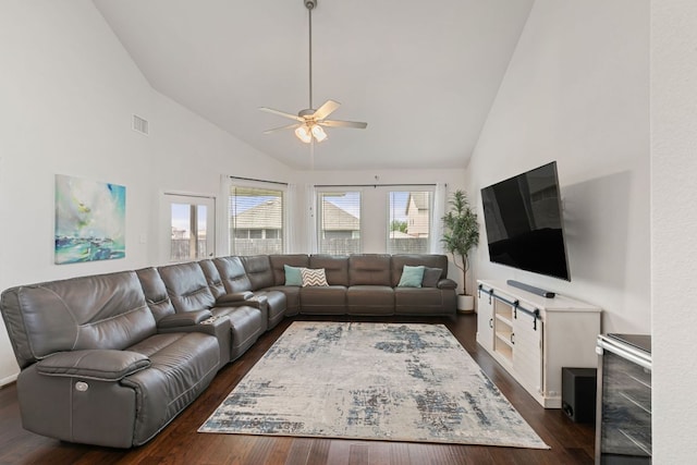 4418 Royal Oak Blvd, San Marcos, TX 78666 - living area with high vaulted ceiling, ceiling fan, and dark wood-type flooring