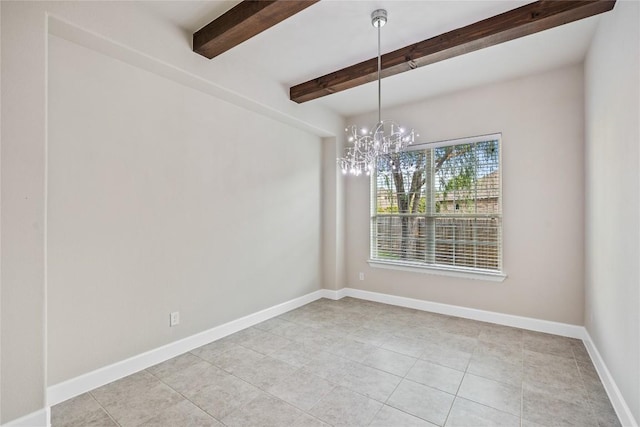 2713 Margarita Ct, Round Rock, TX 78665 - spare room with a chandelier, light tile patterned floors, beam ceiling, and baseboards