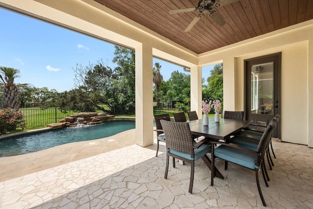 view of patio / terrace featuring a fenced backyard, a ceiling fan, and outdoor dining space