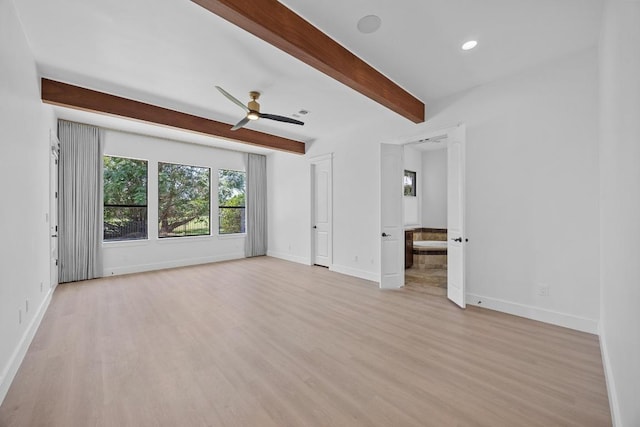 206 Lido St, Austin, TX 78734 - unfurnished living room with baseboards, beam ceiling, light wood-style flooring, a ceiling fan, and recessed lighting