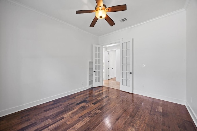 206 Lido St, Austin, TX 78734 - unfurnished room with french doors, wood finished floors, baseboards, crown molding, and a ceiling fan