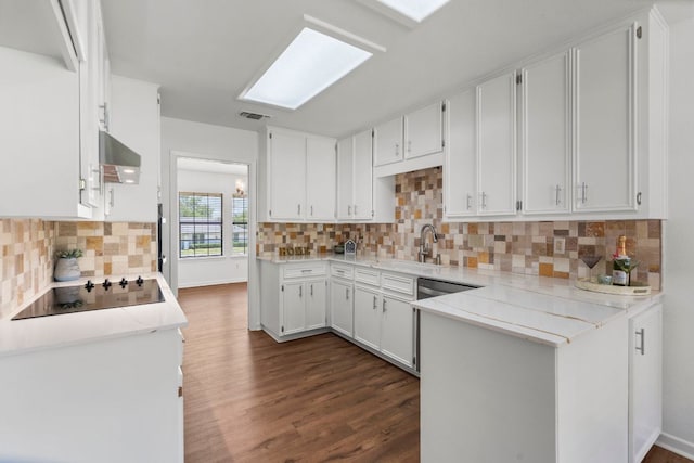 507 Canyon Wren Dr, Buda, TX 78610 - kitchen with black electric cooktop, a sink, range hood, dark wood-style flooring, and white cabinetry