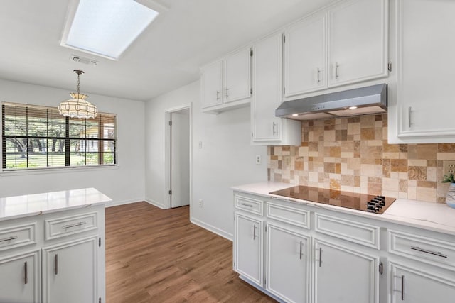 507 Canyon Wren Dr, Buda, TX 78610 - kitchen featuring under cabinet range hood, black electric stovetop, light countertops, and tasteful backsplash
