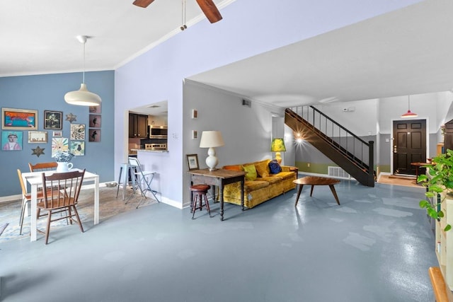 1605 Coronado Hills Dr Unit B, Austin, TX 78752 - living area with finished concrete floors, crown molding, stairs, ceiling fan, and vaulted ceiling