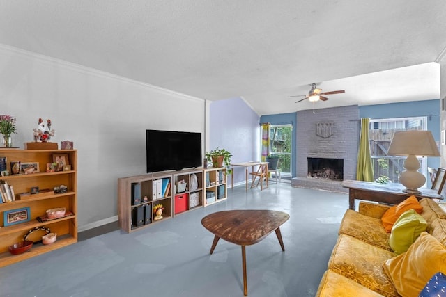 1605 Coronado Hills Dr Unit B, Austin, TX 78752 - living area featuring ceiling fan, finished concrete flooring, a brick fireplace, baseboards, and crown molding