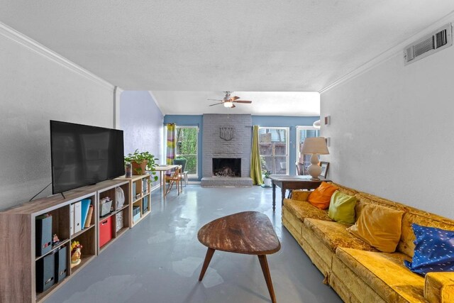 1605 Coronado Hills Dr Unit B, Austin, TX 78752 - living area with finished concrete flooring, a brick fireplace, a ceiling fan, a textured ceiling, and ornamental molding
