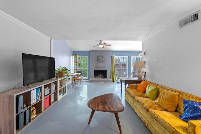 1605 Coronado Hills Dr Unit B, Austin, TX 78752 - living room with finished concrete flooring, a fireplace, a ceiling fan, and crown molding