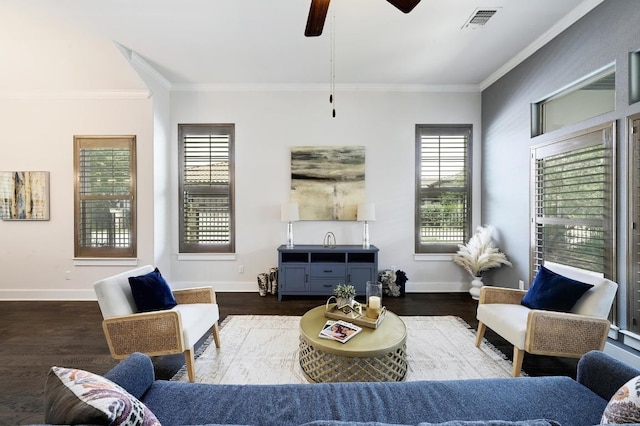 5303 Patagonia Pass, Austin, TX 78738 - living room with crown molding, baseboards, plenty of natural light, and a ceiling fan