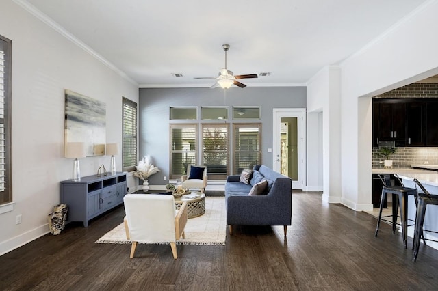 5303 Patagonia Pass, Austin, TX 78738 - living area featuring dark wood-type flooring, a ceiling fan, crown molding, and baseboards