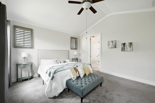 5303 Patagonia Pass, Austin, TX 78738 - carpeted bedroom with multiple windows, baseboards, lofted ceiling, ornamental molding, and a ceiling fan