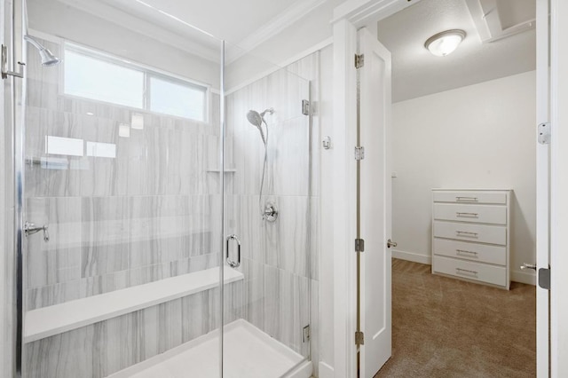 5303 Patagonia Pass, Austin, TX 78738 - bathroom with a shower stall, crown molding, and baseboards