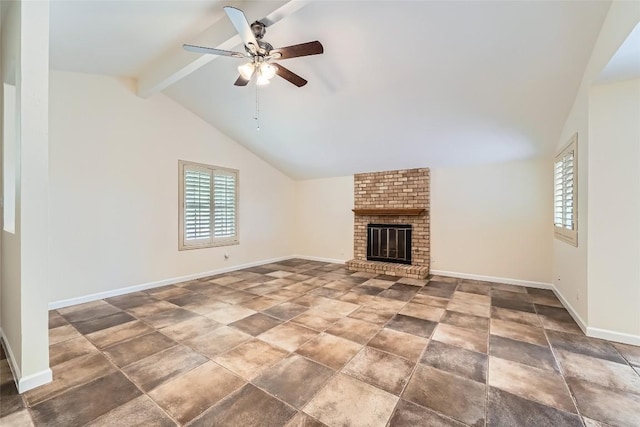 unfurnished living room with plenty of natural light, a ceiling fan, baseboards, and a fireplace