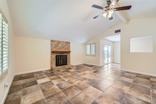 unfurnished living room with a ceiling fan, a brick fireplace, and baseboards