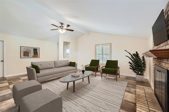 7815 Croftwood Dr, Austin, TX 78749 - living room with a fireplace, a ceiling fan, baseboards, and stone finish flooring