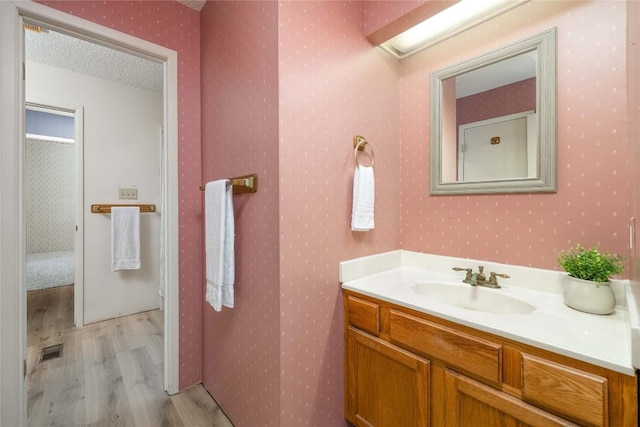 28920 Country Dr, New Braunfels, TX 78132 - bathroom with wood finished floors, vanity, and wallpapered walls