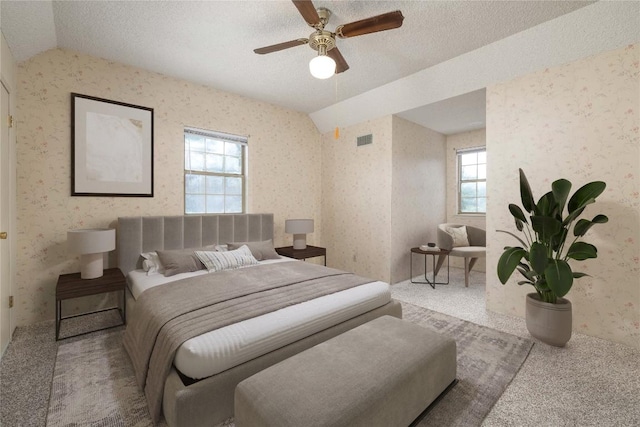 28920 Country Dr, New Braunfels, TX 78132 - bedroom with wallpapered walls, multiple windows, vaulted ceiling, carpet floors, and a textured ceiling