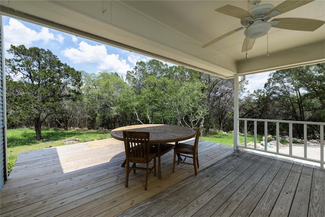 28920 Country Dr, New Braunfels, TX 78132 - deck featuring ceiling fan, view of scattered trees, and outdoor dining space