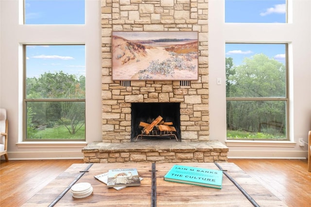 28920 Country Dr, New Braunfels, TX 78132 - detailed view of wood finished floors, a fireplace, and baseboards