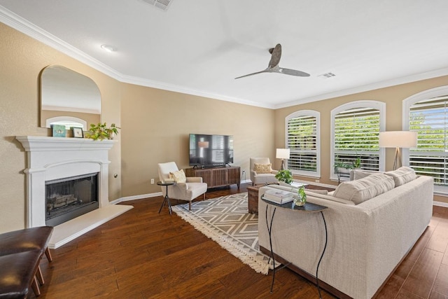 313 Monahans Dr, Georgetown, TX 78628 - living area with wood-type flooring, a ceiling fan, ornamental molding, a fireplace with raised hearth, and baseboards