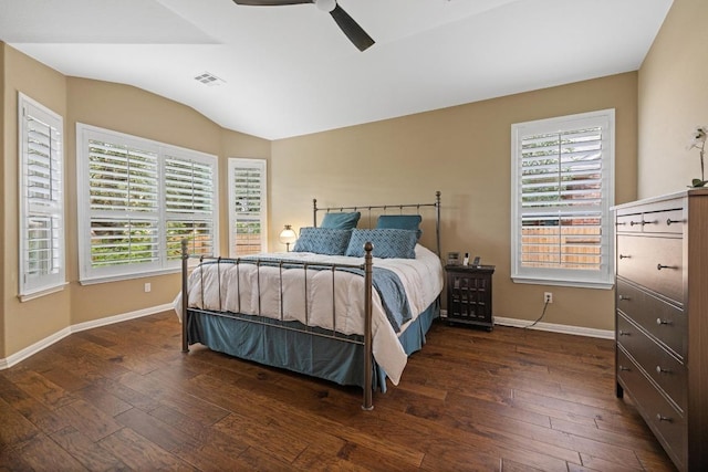 313 Monahans Dr, Georgetown, TX 78628 - bedroom with hardwood / wood-style floors, vaulted ceiling, and a ceiling fan