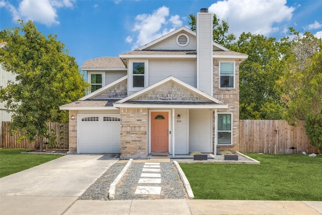 view of front of house with concrete driveway, an attached garage, a chimney, and a shingled roof
