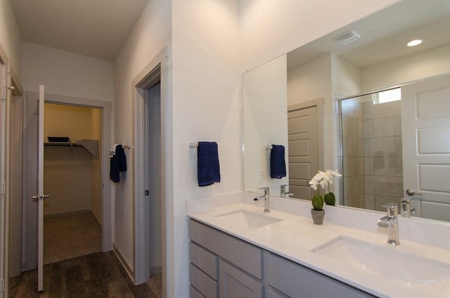 217 Deserti Rd, Leander, TX 78641 - full bathroom featuring wood finished floors, a spacious closet, double vanity, and recessed lighting