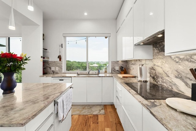 5728 Misty Hill Cv, Austin, TX 78759 - kitchen with under cabinet range hood, white cabinetry, tasteful backsplash, light stone counters, and recessed lighting