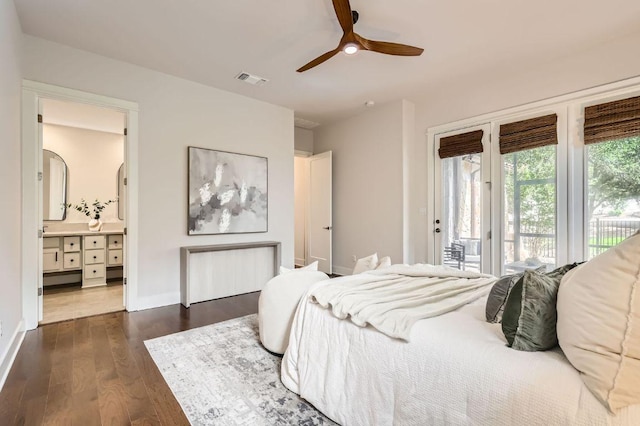 bedroom with access to outside, dark wood-style floors, ensuite bathroom, baseboards, and ceiling fan