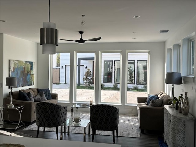 2111 Prather Ln Unit 1, Austin, TX 78704 - living area with dark wood-style flooring, a ceiling fan, and recessed lighting