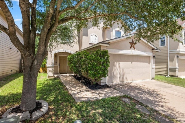 6820 Derby Downs Dr, Austin, TX 78747 - view of front of house featuring stucco siding, concrete driveway, an attached garage, and a front lawn
