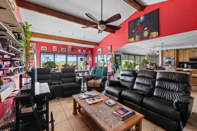 909 Redbud Trl, West Lake Hills, TX 78746 - living area featuring beam ceiling, a ceiling fan, light tile patterned floors, a textured ceiling, and high vaulted ceiling
