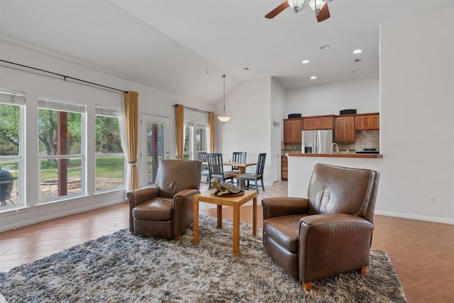 920 Barton Creek Dr, Dripping Springs, TX 78620 - living area featuring ceiling fan, baseboards, recessed lighting, and high vaulted ceiling