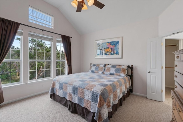 920 Barton Creek Dr, Dripping Springs, TX 78620 - bedroom featuring light colored carpet, baseboards, high vaulted ceiling, and a ceiling fan