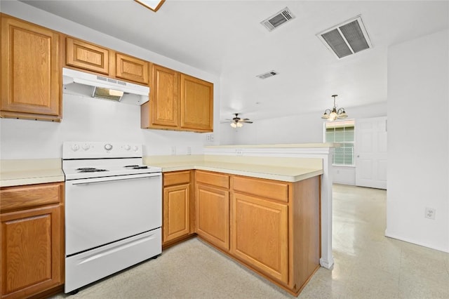 1727 Leander St, Georgetown, TX 78626 - kitchen featuring white range with electric cooktop, under cabinet range hood, a peninsula, light floors, and light countertops