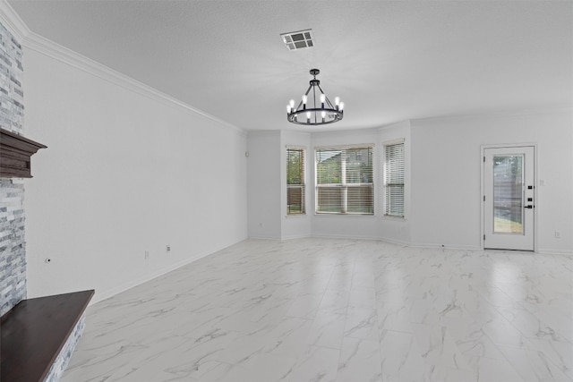 unfurnished living room featuring a chandelier, light marble finish flooring, crown molding, and baseboards