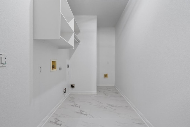 laundry room featuring hookup for an electric dryer, light marble finish floors, hookup for a washing machine, gas dryer hookup, and baseboards
