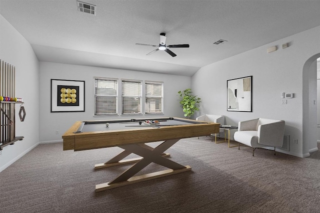 recreation room with arched walkways, billiards, a ceiling fan, carpet, and baseboards