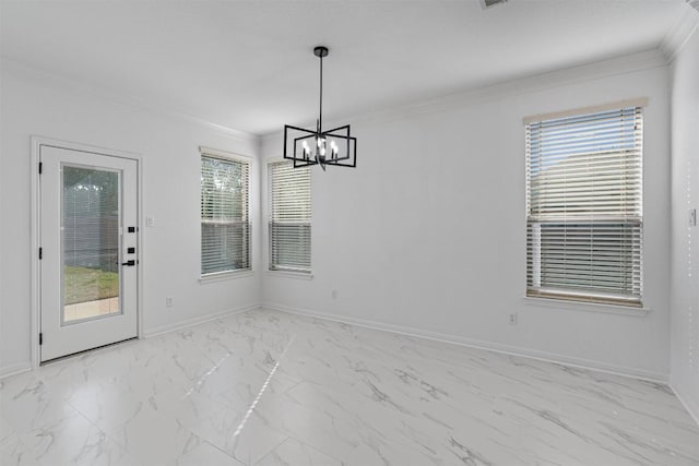 unfurnished dining area with light marble finish flooring, a chandelier, ornamental molding, and baseboards