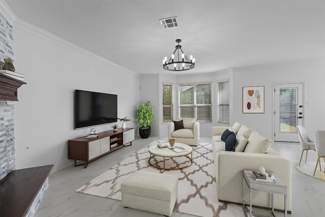 living room featuring a chandelier, marble finish flooring, and ornamental molding