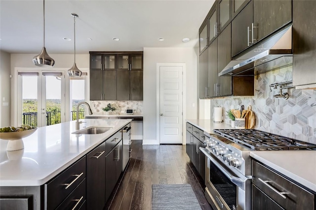 kitchen featuring appliances with stainless steel finishes, a sink, under cabinet range hood, light countertops, and dark wood-style flooring