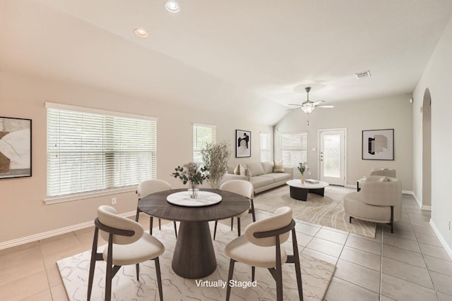 20020 Rhiannon Ln, Pflugerville, TX 78660 - dining space featuring light tile patterned floors, ceiling fan, lofted ceiling, and recessed lighting