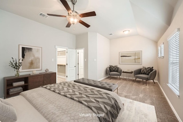 20020 Rhiannon Ln, Pflugerville, TX 78660 - bedroom featuring vaulted ceiling, carpet floors, ceiling fan, and a walk in closet
