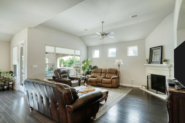 2909 Saint Paul Rivera, Round Rock, TX 78665 - living area featuring lofted ceiling, a ceiling fan, dark wood finished floors, and a glass covered fireplace