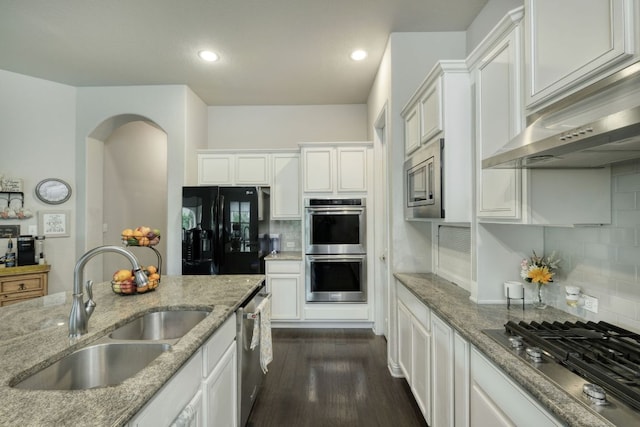 2909 Saint Paul Rivera, Round Rock, TX 78665 - kitchen featuring stainless steel appliances, white cabinetry, decorative backsplash, range hood, and dark wood-style floors
