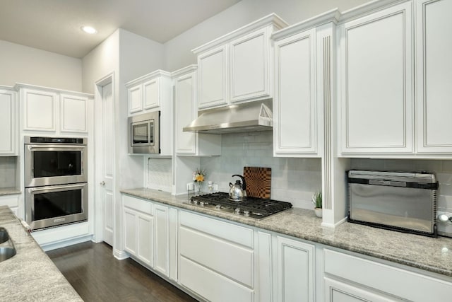 2909 Saint Paul Rivera, Round Rock, TX 78665 - kitchen featuring stainless steel appliances, under cabinet range hood, white cabinets, decorative backsplash, and recessed lighting