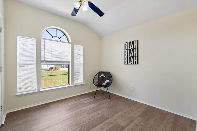 140 Shenandoah Trl, Elgin, TX 78621 - unfurnished room featuring wood finished floors, vaulted ceiling, plenty of natural light, ceiling fan, and baseboards