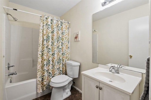 140 Shenandoah Trl, Elgin, TX 78621 - full bathroom with toilet, shower / bathtub combination with curtain, vanity, and baseboards