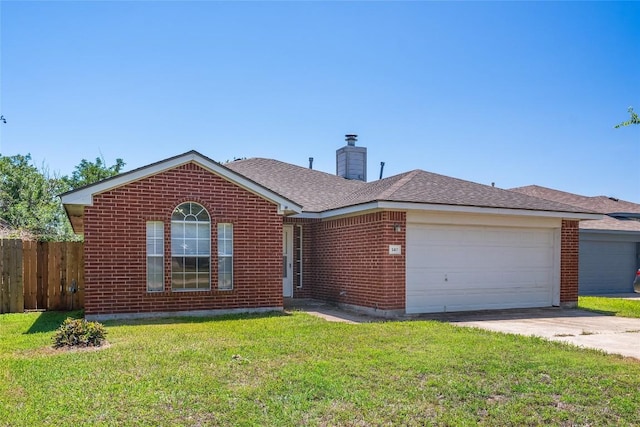 140 Shenandoah Trl, Elgin, TX 78621 - ranch-style house with brick siding, an attached garage, driveway, a chimney, and a shingled roof