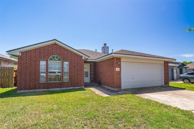 140 Shenandoah Trl, Elgin, TX 78621 - single story home with brick siding, concrete driveway, an attached garage, and a chimney